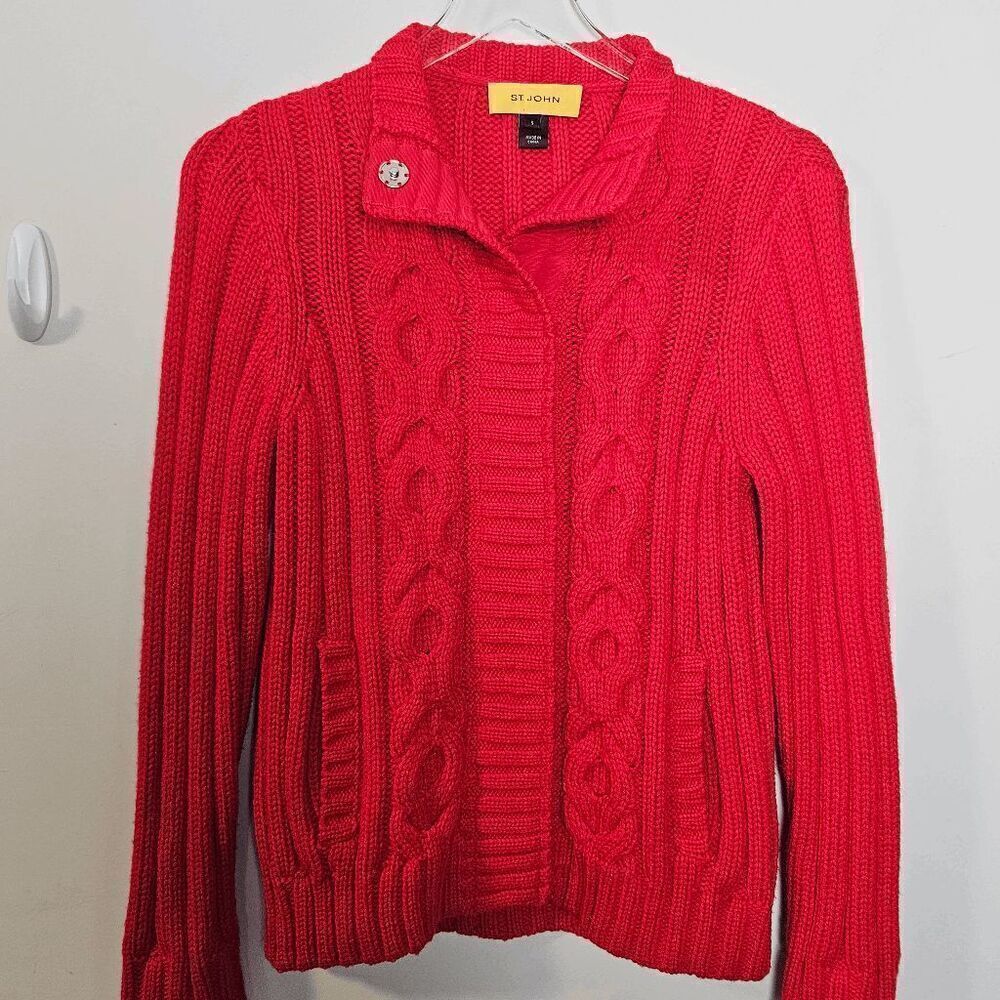 St. John Long Sleeve  Cableknit Chunky Wool Cardigan Sweater Women's Red Size Sm